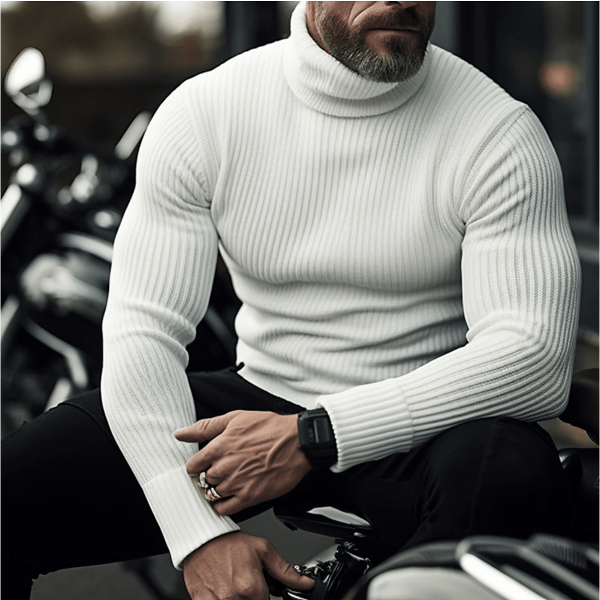 Men's Fine-Rib High Roll Neck Jumper with Long Sleeves - White