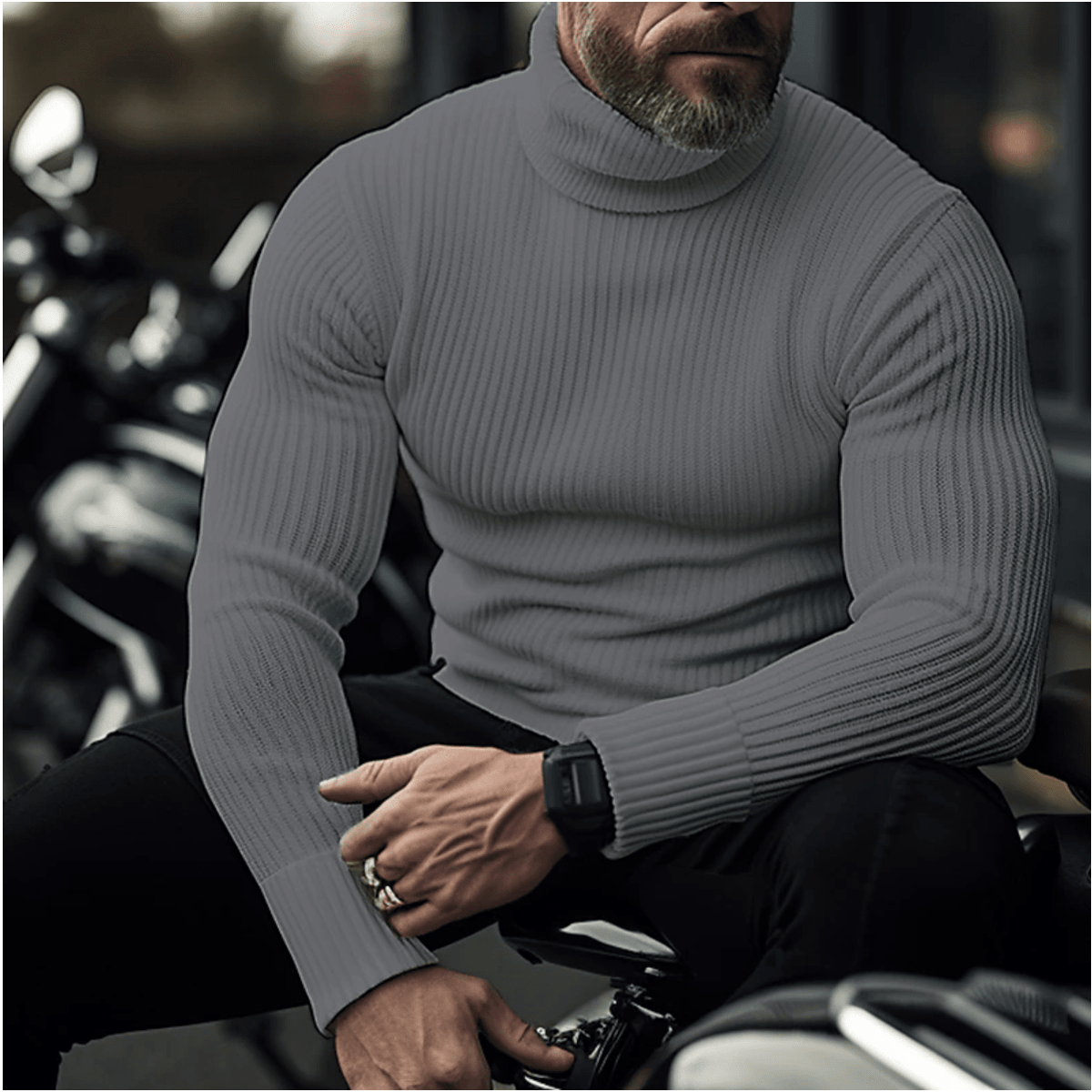 Men's Fine-Rib High Roll Neck Jumper with Long Sleeves - Dark Grey