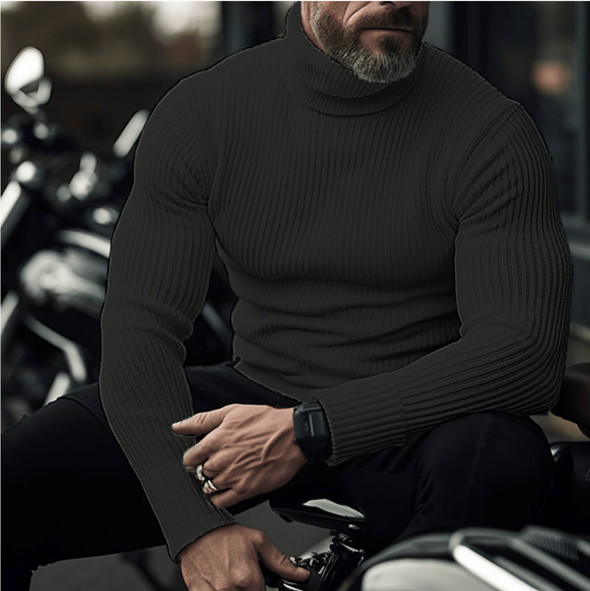 Men's Fine-Rib High Roll Neck Jumper with Long Sleeves - Black