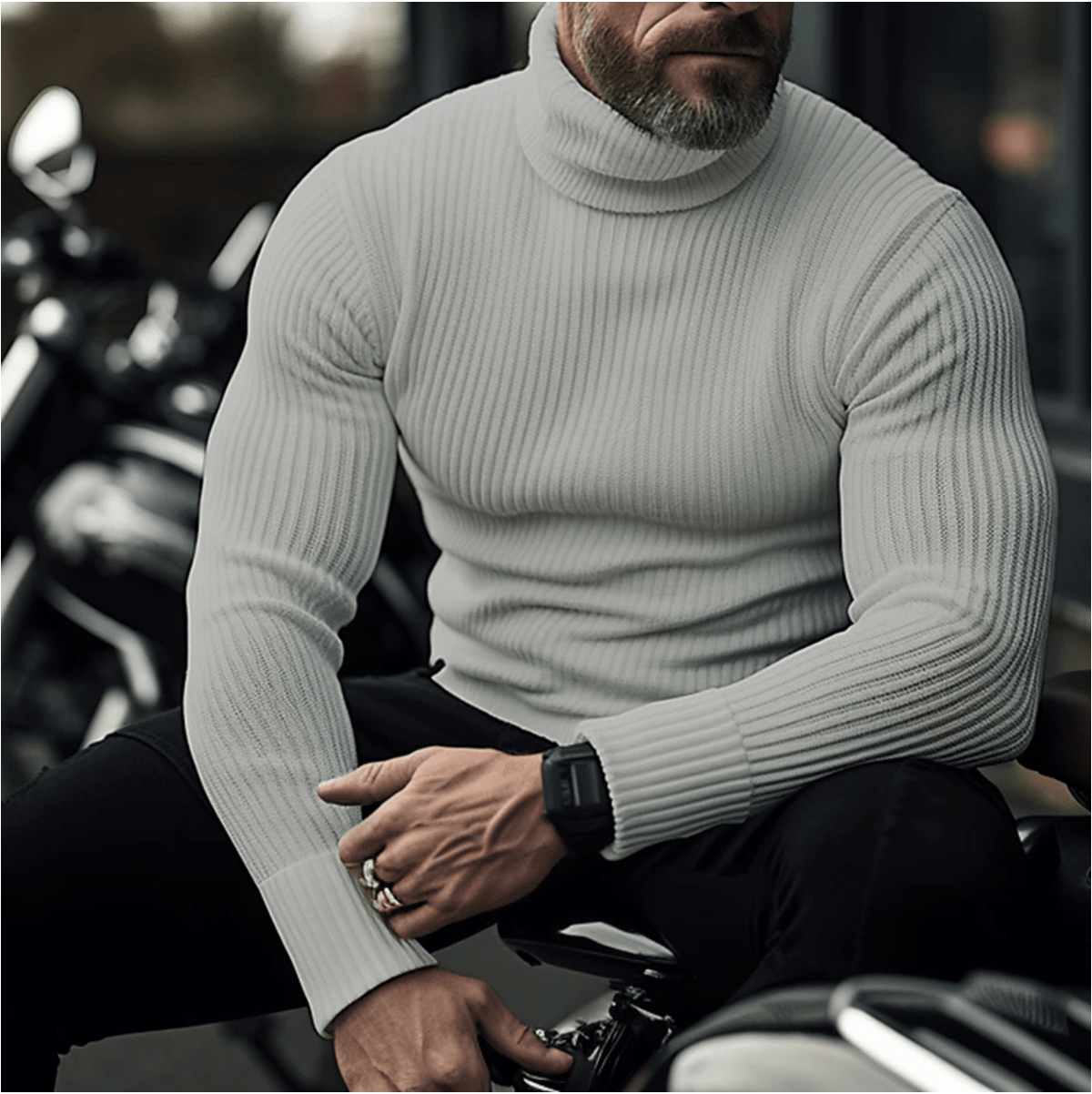 Men's Fine-Rib High Roll Neck Jumper with Long Sleeves - Grey