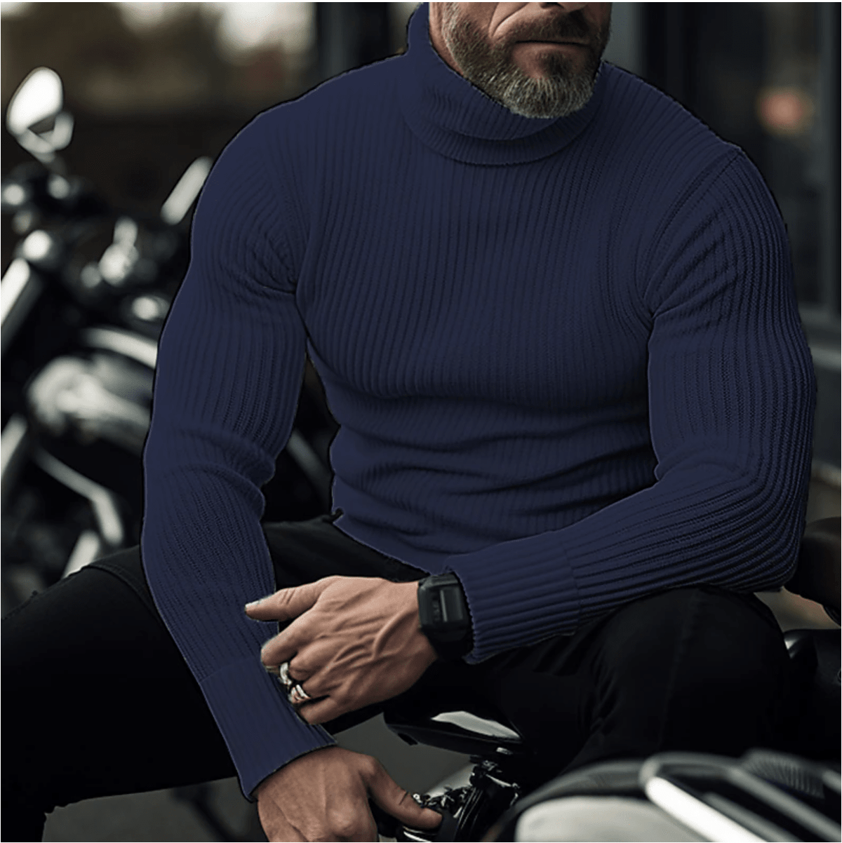 Men's Fine-Rib High Roll Neck Jumper with Long Sleeves - Navy Blue
