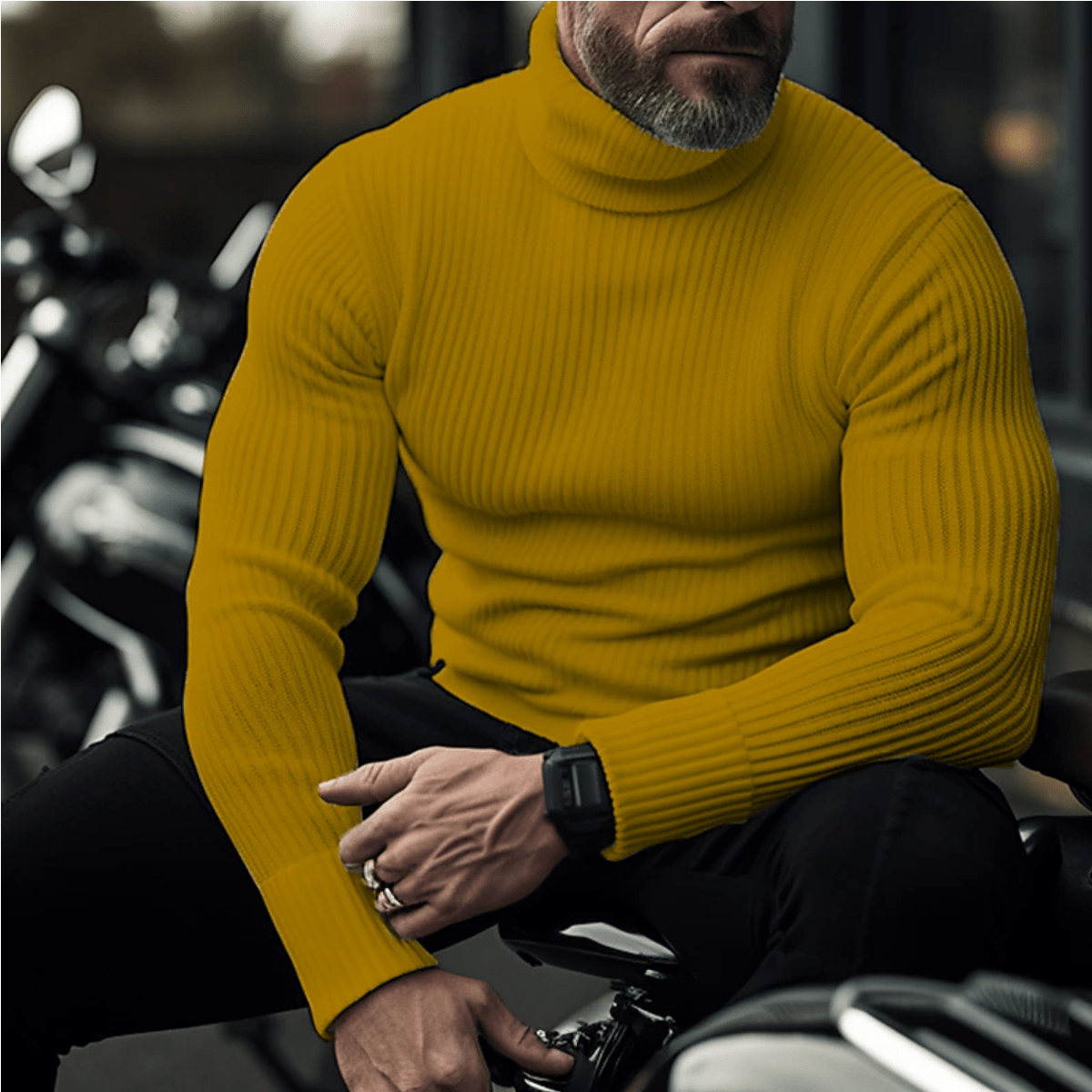 Men's Fine-Rib High Roll Neck Jumper with Long Sleeves - Mustard Yellow
