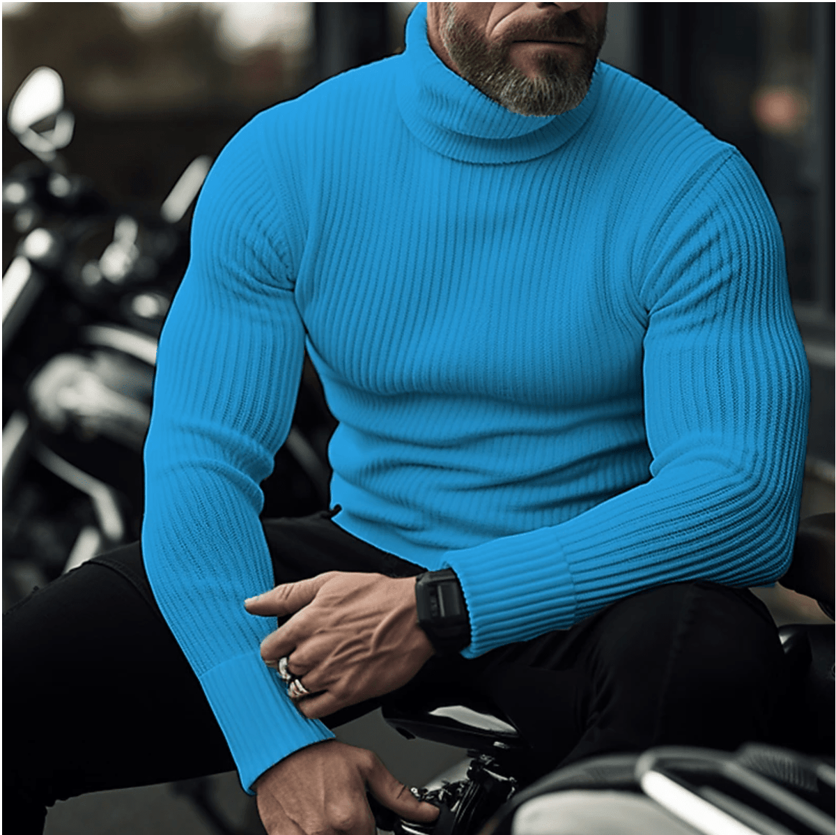 Men's Fine-Rib High Roll Neck Jumper with Long Sleeves - Blue