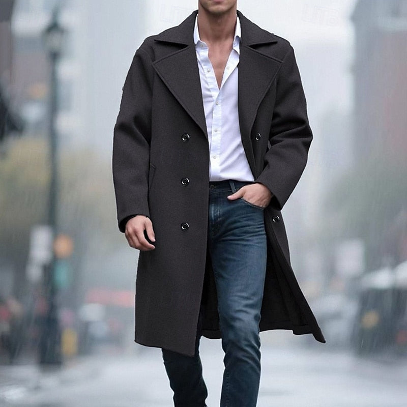Men's Long Double-Breasted Lapel Coat in a Structured Cut - Black