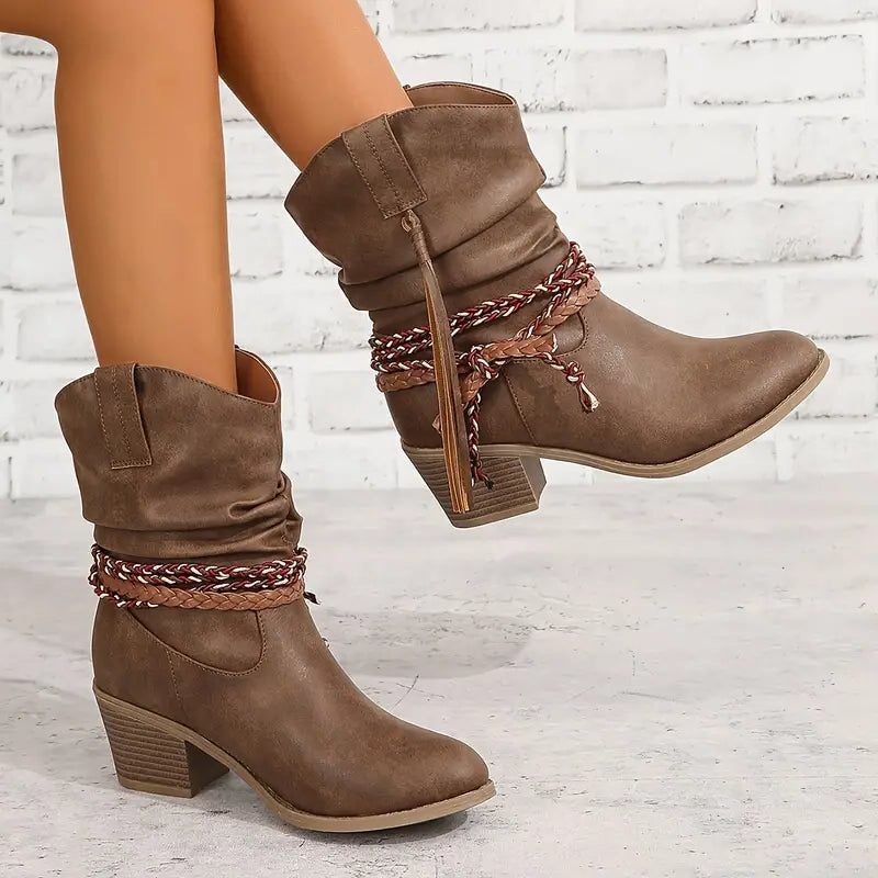Women's Braided-Strap Slouch Ankle Boots in Soft Suede - Brown