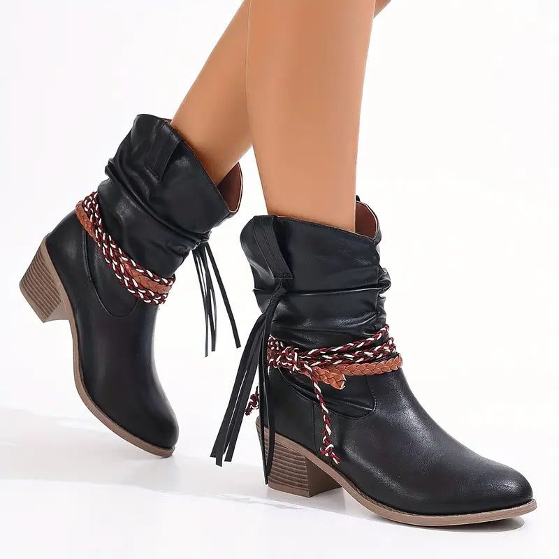 Women's Braided-Strap Slouch Ankle Boots in Soft Suede - Black