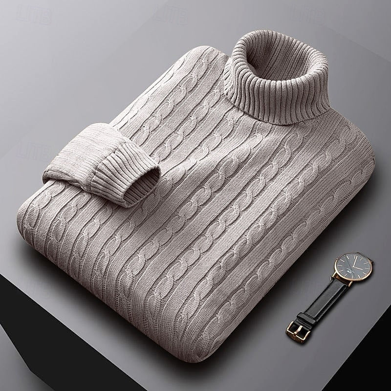 Men's Warm Stretch-Knit Cable Roll Neck for Office and Weekend - Apricot