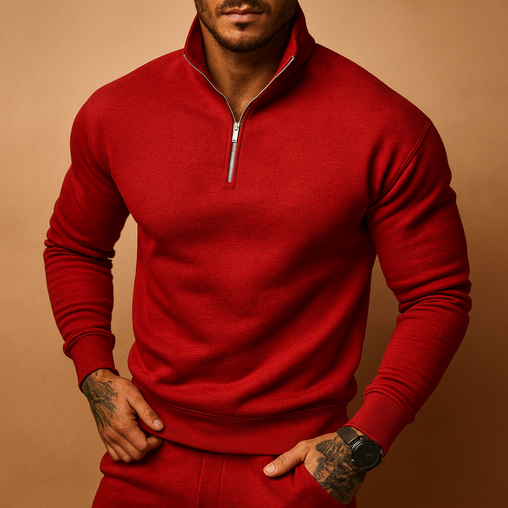 Men's Soft High-Neck Half-Zip Jumper for Layering - Red