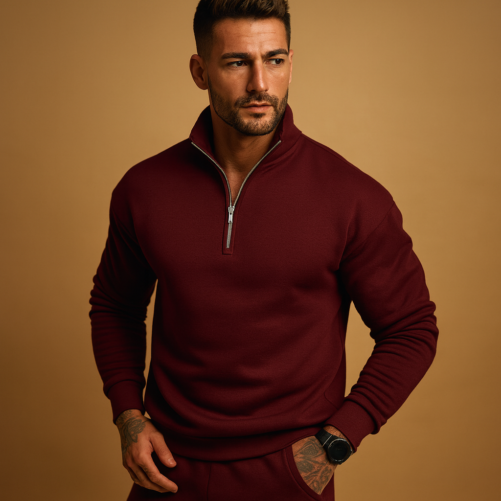 Men's Soft High-Neck Half-Zip Jumper for Layering - Wine Red