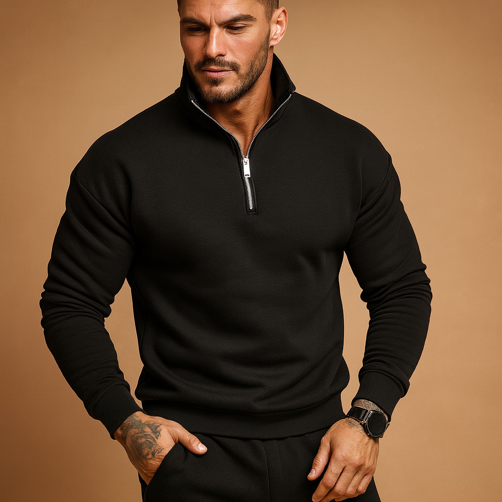 Men's Soft High-Neck Half-Zip Jumper for Layering - Black