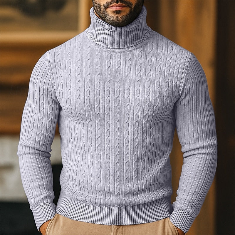 Men's Close-Cut Twisted Cable Roll Neck Jumper - Grey