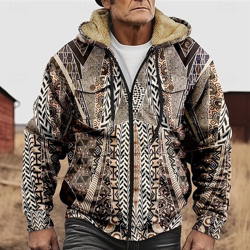 Men's All-Over Print Relaxed Hooded Jacket with Soft Lining - Khaki