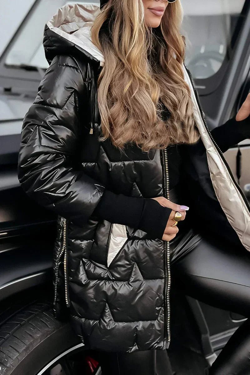 Women's Hooded Quilted Puffer Coat in a Longline Cut - Black