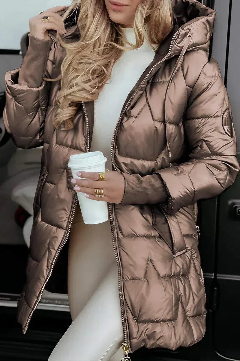Women's Hooded Quilted Puffer Coat in a Longline Cut - Brown