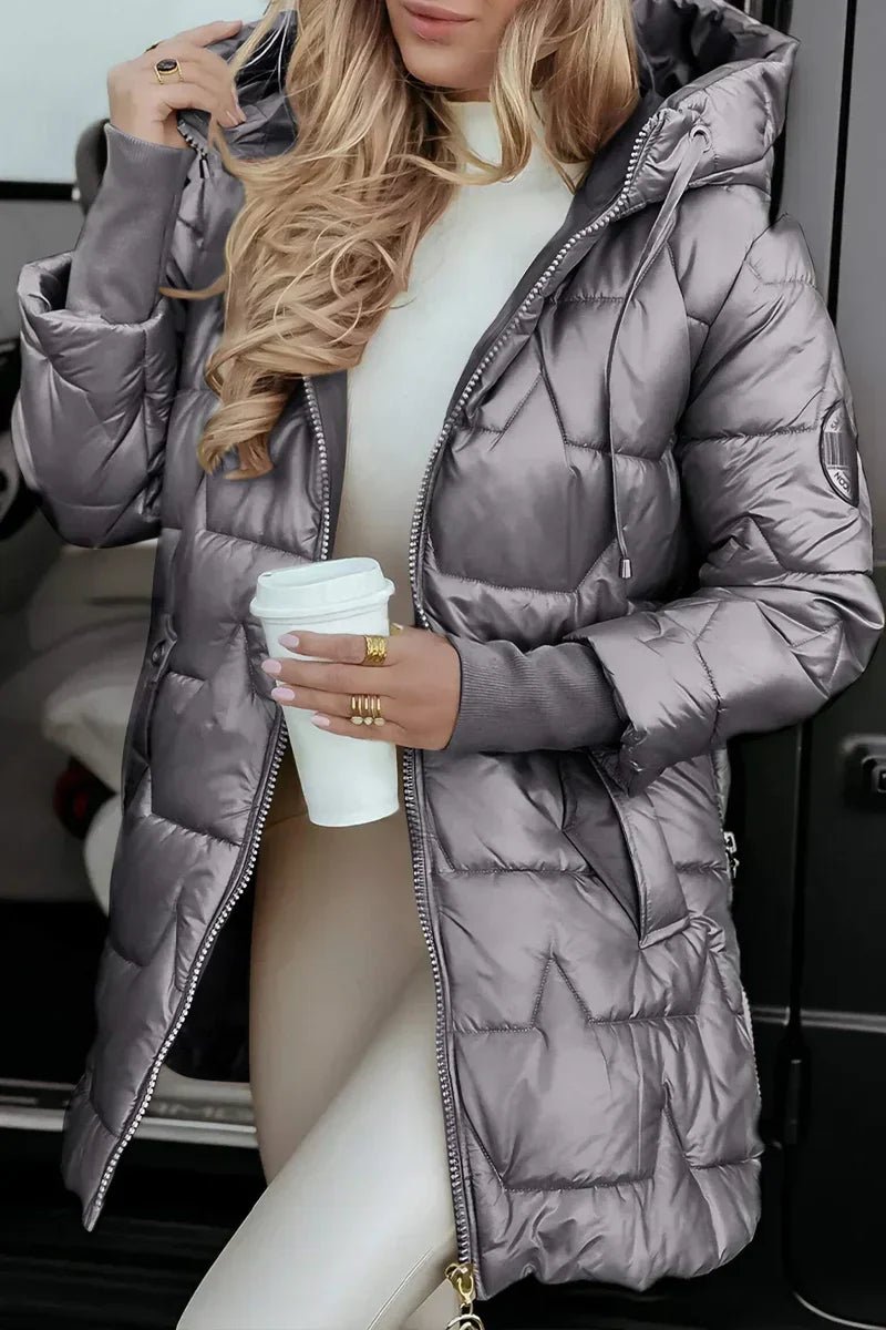 Women's Hooded Quilted Puffer Coat in a Longline Cut - Grey