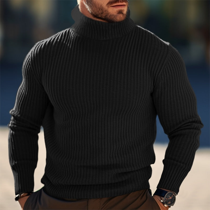 Men's Slim Vertical-Rib Roll Neck Pullover - Black