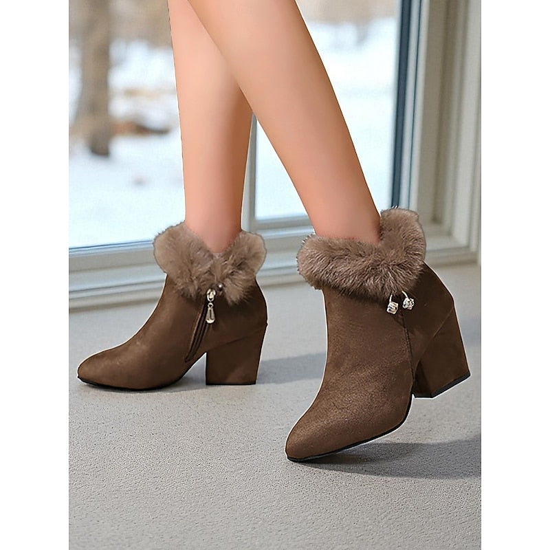 Women's Plush-Collar Pointed-Toe Boots with Side Zip