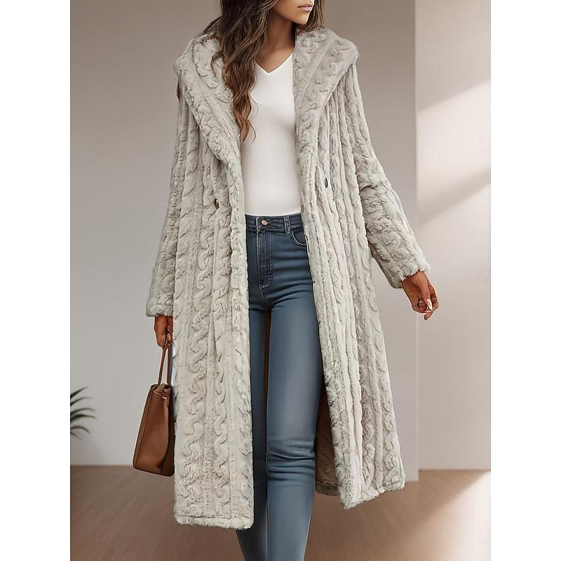 Women's Soft-Touch Longline Hooded Coat with Deep Pockets - Apricot