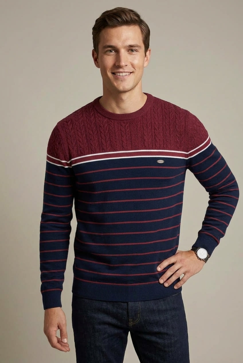 Men's Casual Striped Knit Jumper with Round Neck - Navy