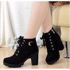 Women's Soft-Lined Block Heel Lace-Up Boots with Buckle Detail