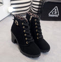 Women's Soft-Lined Block Heel Lace-Up Boots with Buckle Detail - Black