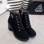 Women's Soft-Lined Block Heel Lace-Up Boots with Buckle Detail - Black