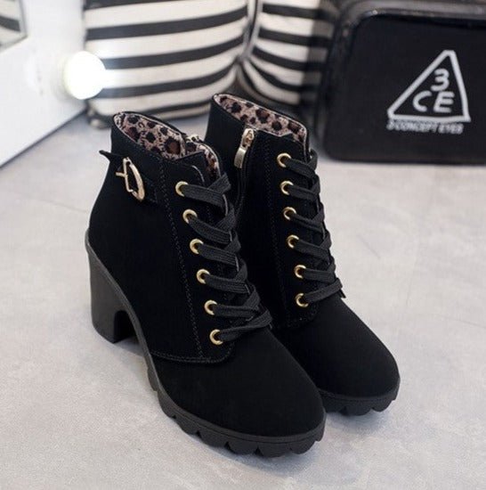 Women's Soft-Lined Block Heel Lace-Up Boots with Buckle Detail - Black