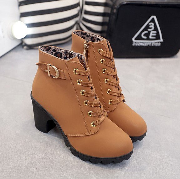 Women's Soft-Lined Block Heel Lace-Up Boots with Buckle Detail - Brown