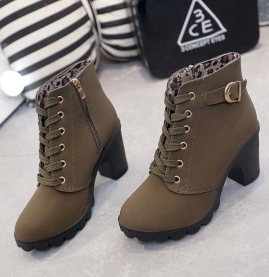 Women's Soft-Lined Block Heel Lace-Up Boots with Buckle Detail - Olive Green