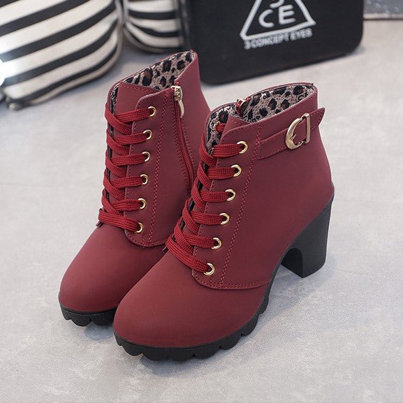 Women's Soft-Lined Block Heel Lace-Up Boots with Buckle Detail - Red