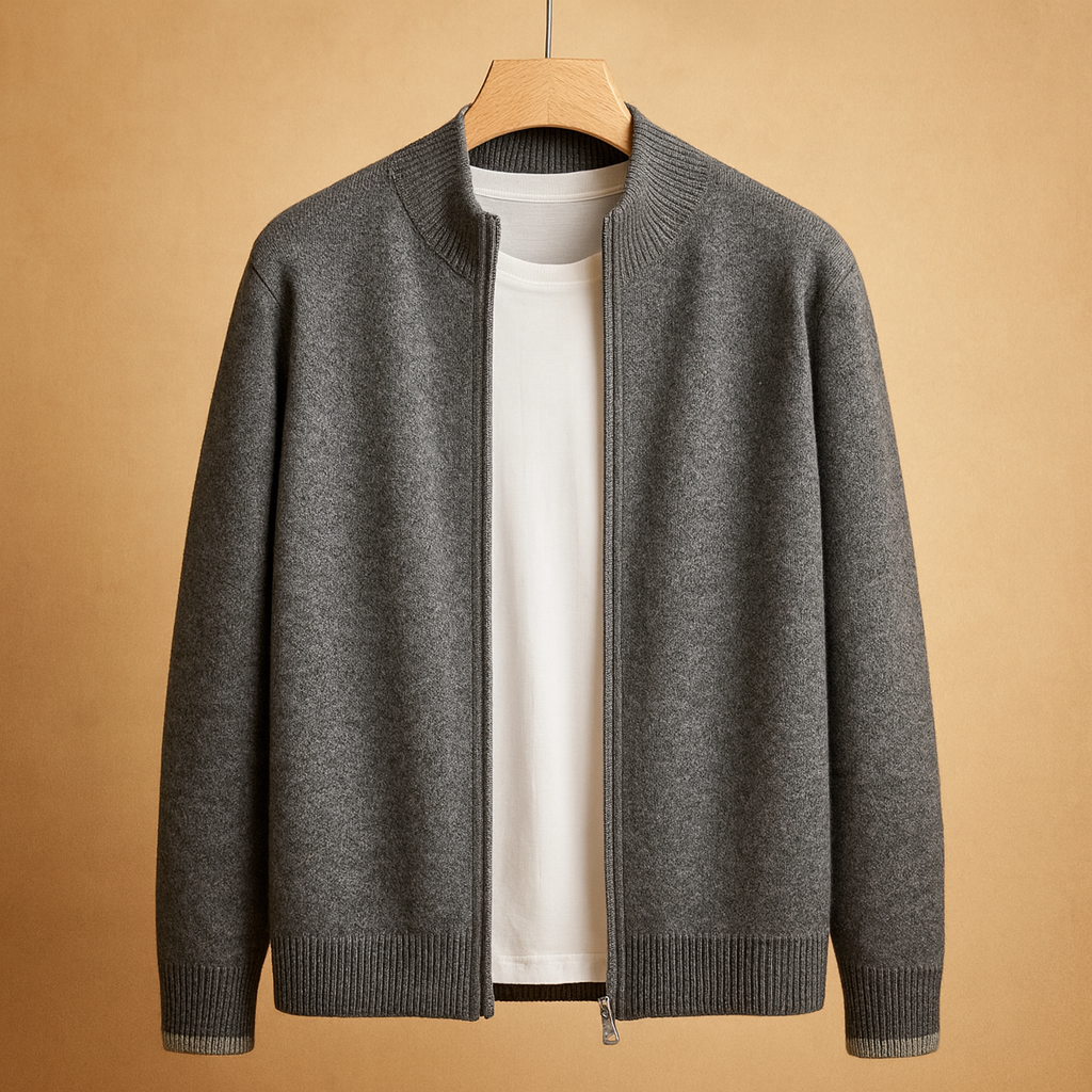 Men's Office-Ready Zip-Front Knit Cardigan with High Collar - Grey