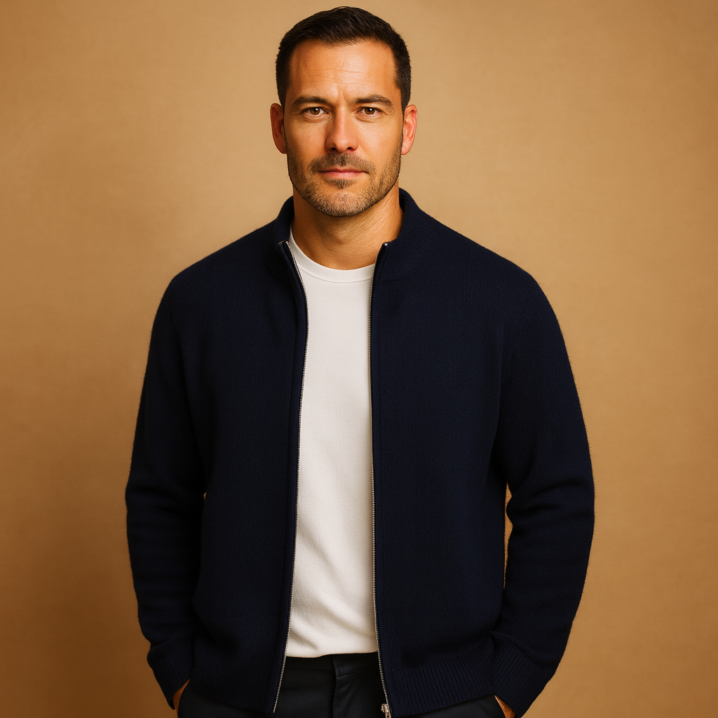 Men's Office-Ready Zip-Front Knit Cardigan with High Collar - Navy Blue
