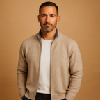 Men's Office-Ready Zip-Front Knit Cardigan with High Collar - Khaki