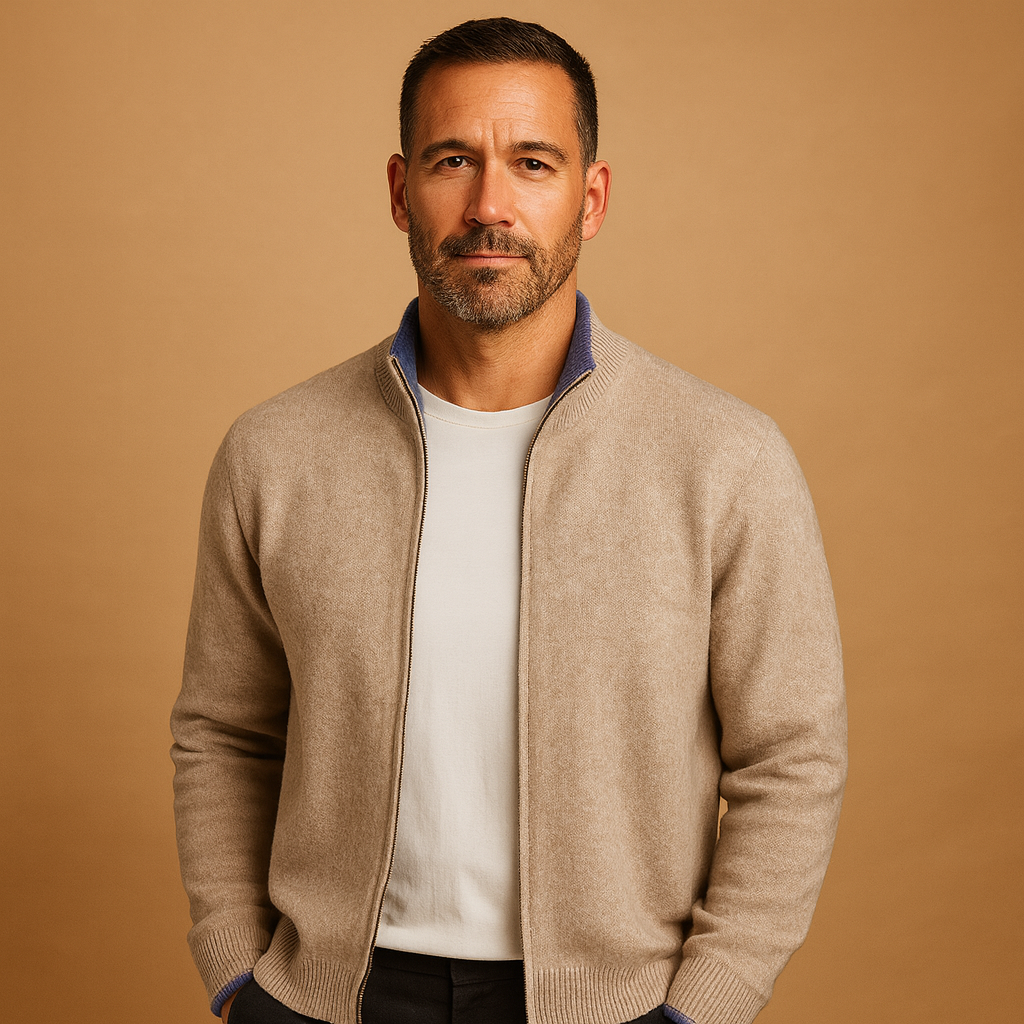 Men's Office-Ready Zip-Front Knit Cardigan with High Collar - Khaki