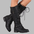 Women's Gathered-Shaft Leather Lace-Up Boots with Textured Sole - Black