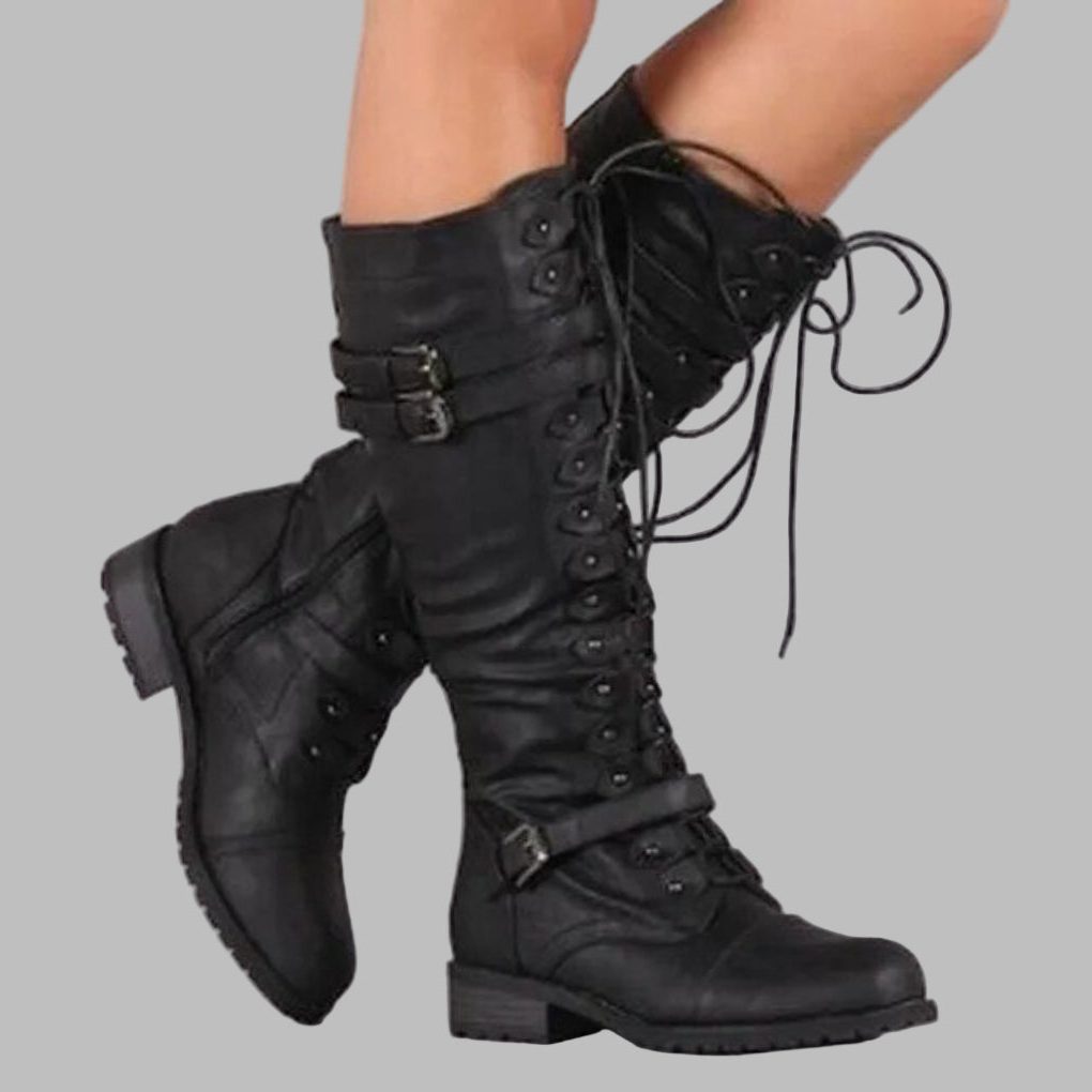 Women's Gathered-Shaft Leather Lace-Up Boots with Textured Sole - Black