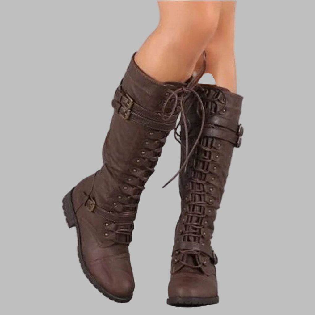Women's Gathered-Shaft Leather Lace-Up Boots with Textured Sole - Dark Brown