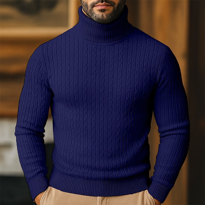 Men's Close-Cut Twisted Cable Roll Neck Jumper - Navy Blue