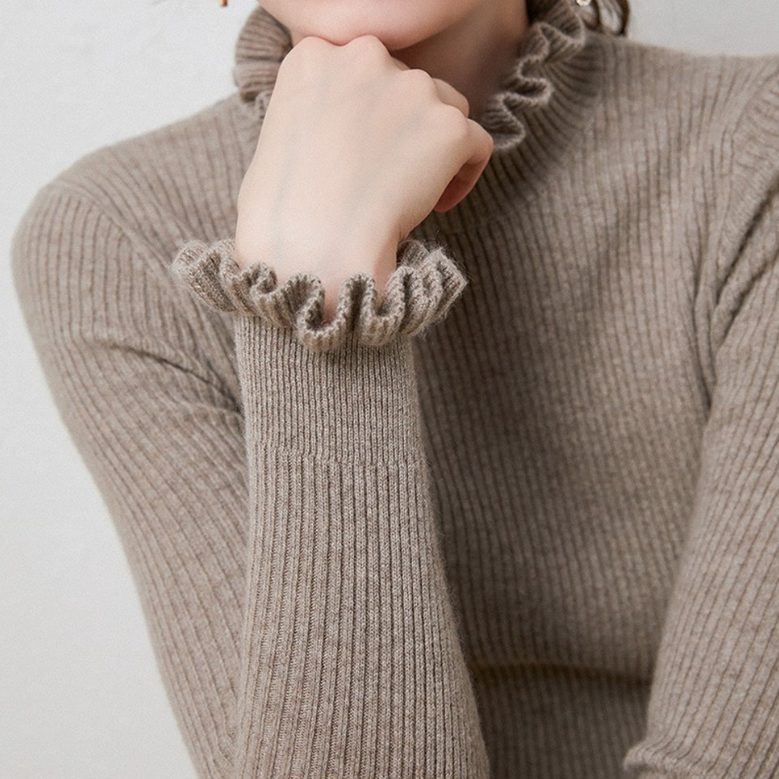 Women's Frill-Trim Polo Neck Jumper in Fitted Rib Knit - Brown