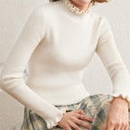Women's Frill-Trim Polo Neck Jumper in Fitted Rib Knit