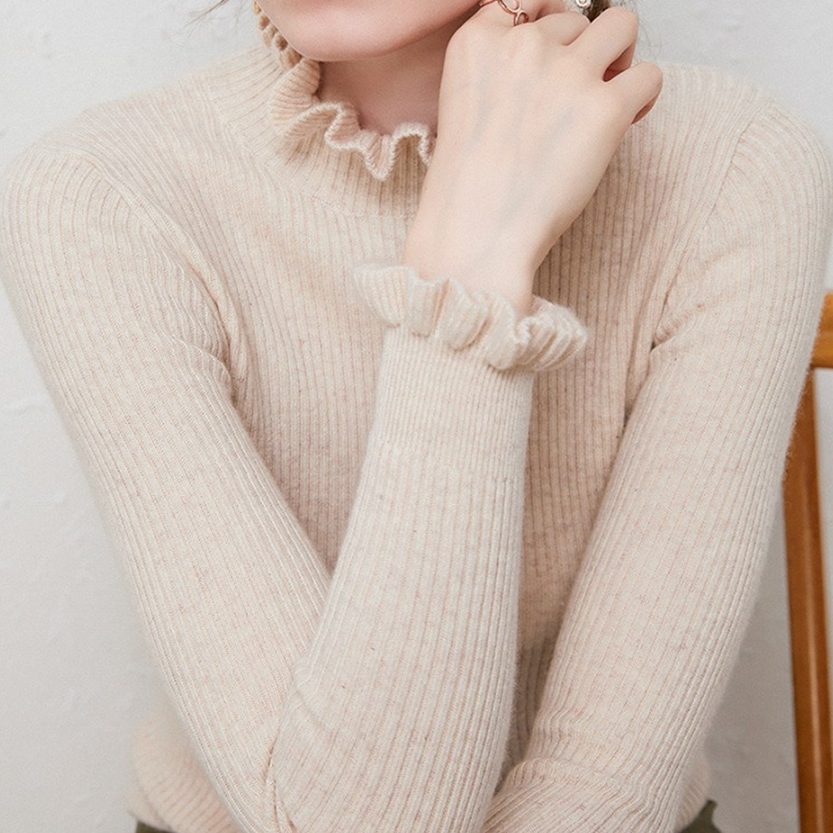 Women's Frill-Trim Polo Neck Jumper in Fitted Rib Knit - Beige