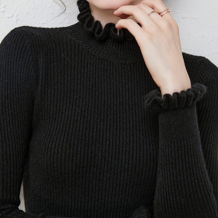 Women's Frill-Trim Polo Neck Jumper in Fitted Rib Knit - Black
