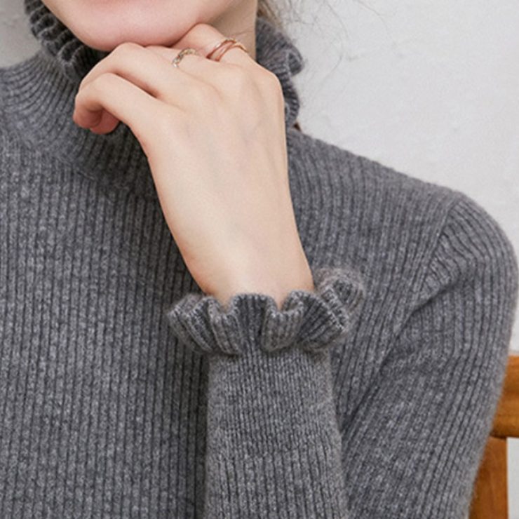 Women's Frill-Trim Polo Neck Jumper in Fitted Rib Knit - Grey