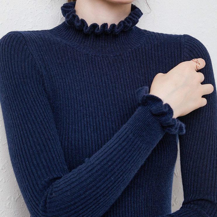 Women's Frill-Trim Polo Neck Jumper in Fitted Rib Knit - Blue