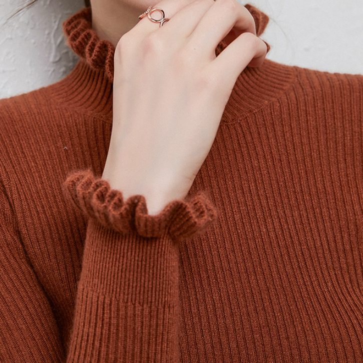 Women's Frill-Trim Polo Neck Jumper in Fitted Rib Knit - Auburn
