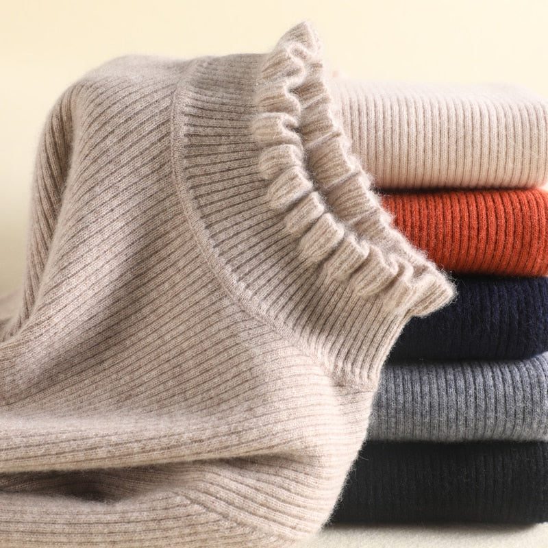 Women's Frill-Trim Polo Neck Jumper in Fitted Rib Knit