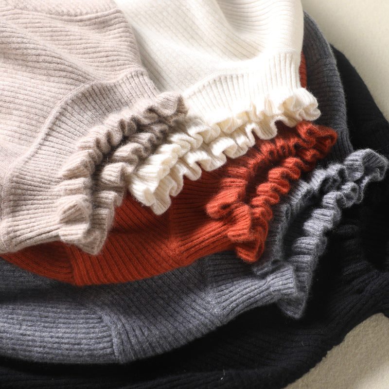 Women's Frill-Trim Polo Neck Jumper in Fitted Rib Knit