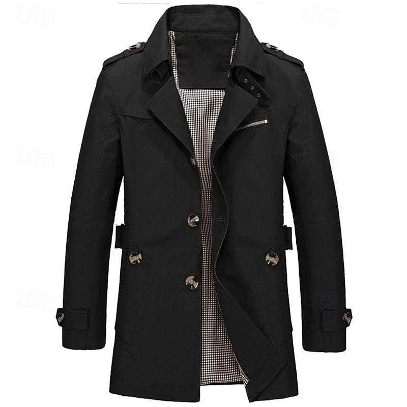 Men's Single-Row Button Trench Coat with Generous Front Pockets
