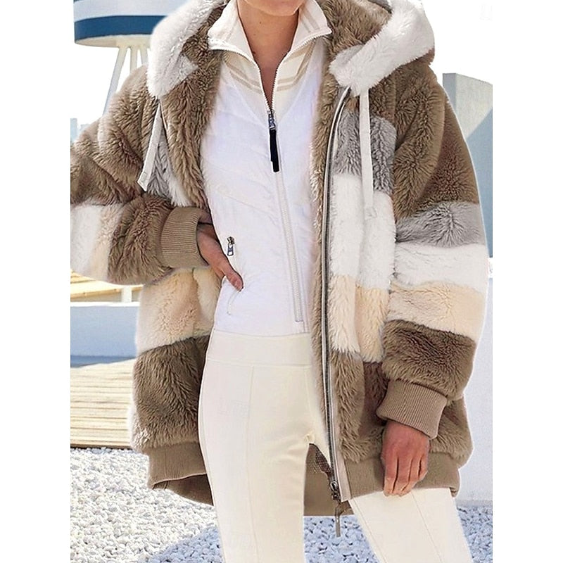 Women's Full-Zip Plush Hooded Jacket in a Roomy Cut - Brown