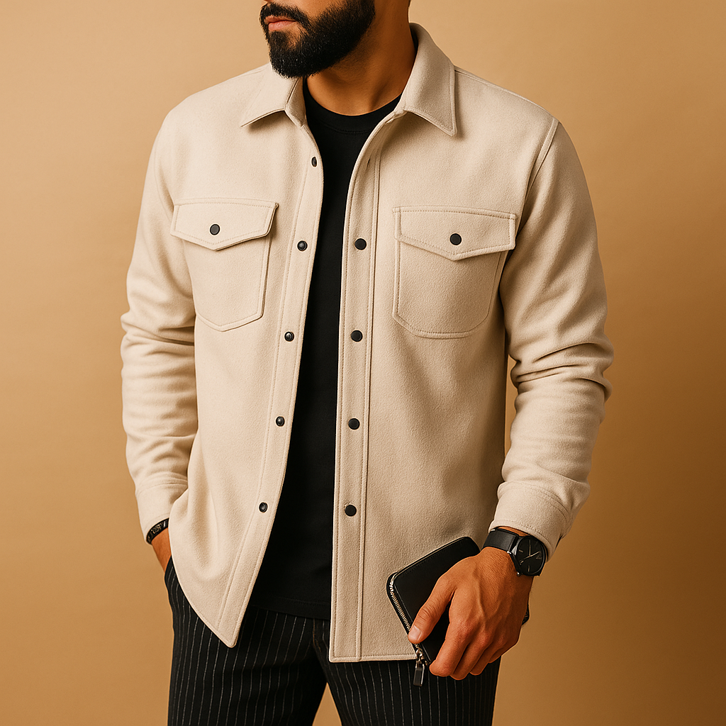 Men's Soft Flannel Layering Shirt with Classic Collar - Beige